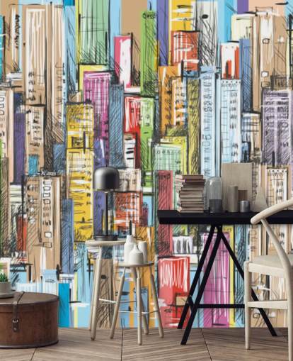 illustrated colourful city blocks wallpaper