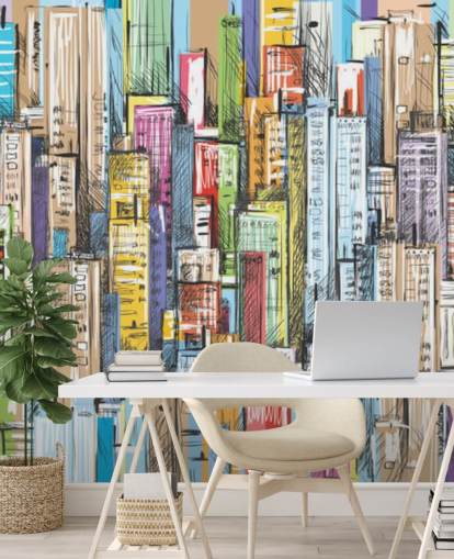 illustrated colourful city blocks wallpaper