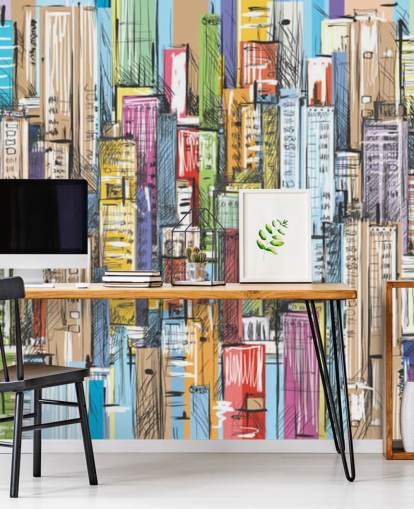 illustrated colourful city blocks wallpaper