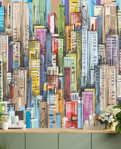 illustrated colourful city blocks wallpaper