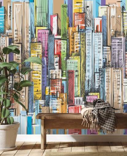 carta da parati illustrata colorata città blocchi