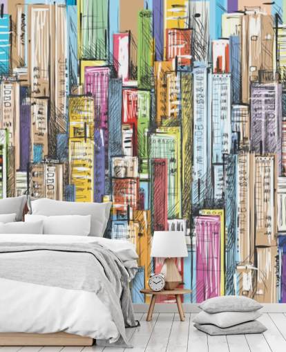 illustrated colourful city blocks wallpaper