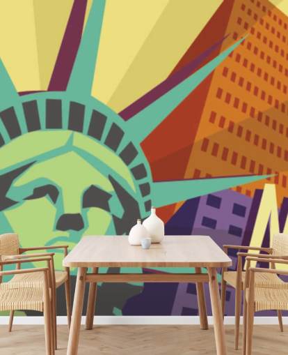 Illustration of New York City and Statue of Liberty Mural Illustration of New York City and Statue of Liberty Mural