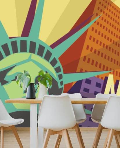 Mural Ilustración de la Ciudad de Nueva York y Estatua de la Libertad