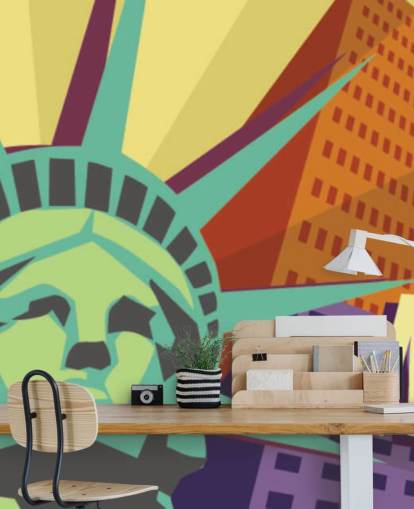 Mural Ilustración de la Ciudad de Nueva York y Estatua de la Libertad