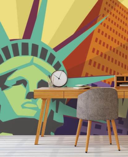 Illustration of New York City and Statue of Liberty Mural