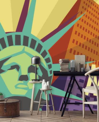 Mural Ilustración de la Ciudad de Nueva York y Estatua de la Libertad Mural Ilustración de la Ciudad de Nueva York y Estatua de la Libertad