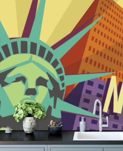 Illustration of New York City and Statue of Liberty Mural