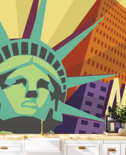 Illustration of New York City and Statue of Liberty Mural Illustration of New York City and Statue of Liberty Mural