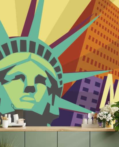 Illustration of New York City and Statue of Liberty Mural