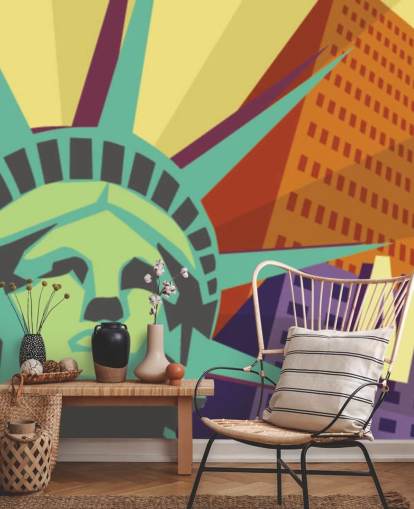 Illustration af New York City og Frihedsgudinden vægmaleri