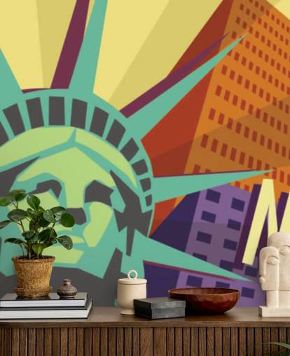 Illustration of New York City and Statue of Liberty Mural