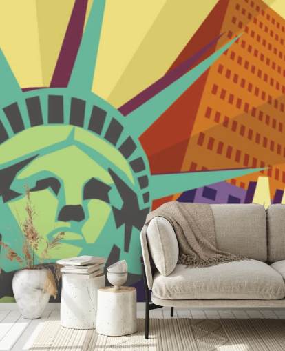 Illustration of New York City and Statue of Liberty Mural