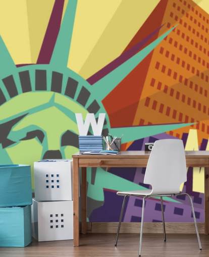 Illustration av New York City och Frihetsgudinnan väggmålning