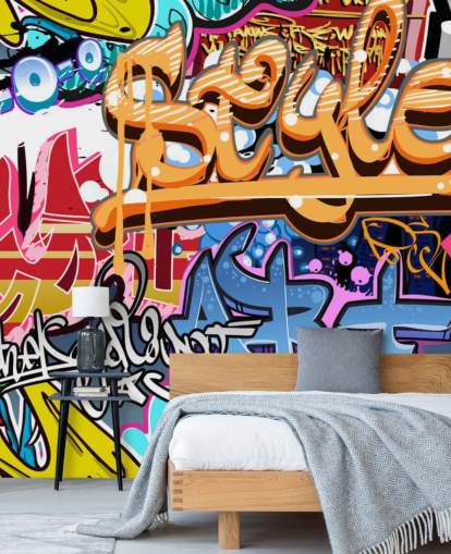 mural de pared colorido y personalizable llamado Graffiti Style para dormitorios de adolescentes y niños