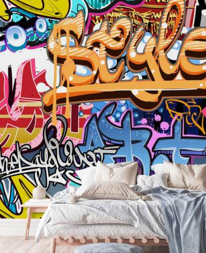 farverigt tilpasseligt graffiti-vægmaleri kaldet Graffiti Style til soveværelser for teenagere og børn