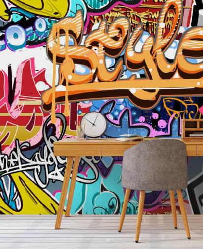 kleurrijke aanpasbare graffitimuurschildering genaamd Graffiti Style voor tiener- en kinderkamers