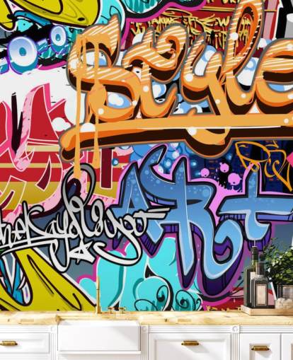 kleurrijke aanpasbare graffitimuurschildering genaamd Graffiti Style voor tiener- en kinderkamers