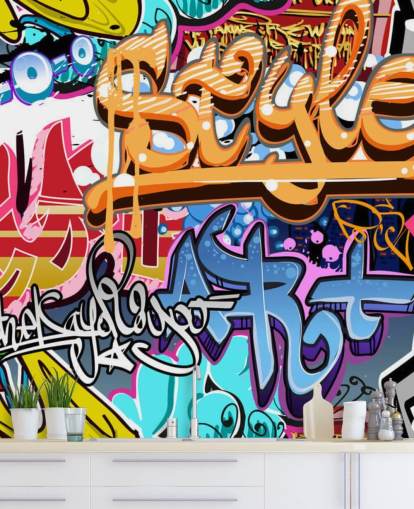 värikäs muokattava graffiti-seinämaalaus nimeltä Graffiti Style teini-ikäisten ja lasten makuuhuoneisiin värikäs muokattava graffiti-seinämaalaus nimeltä Graffiti Style teini-ikäisten ja lasten makuuhuoneisiin