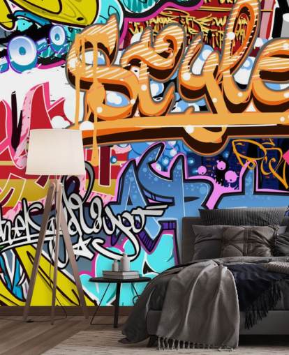 farverigt tilpasseligt graffiti-vægmaleri kaldet Graffiti Style til soveværelser for teenagere og børn