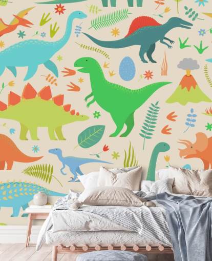 kleurrijk cartoon dinosaurussen behang