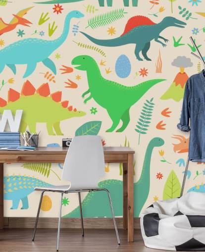 kleurrijk cartoon dinosaurussen behang