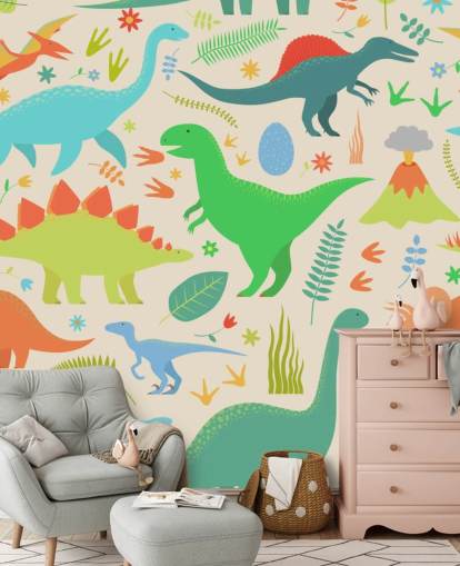 kleurrijk cartoon dinosaurussen behang
