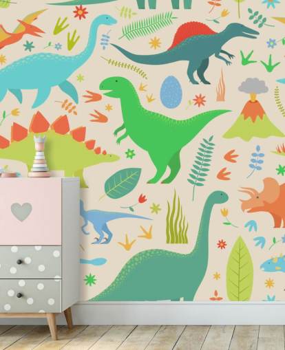 kleurrijk cartoon dinosaurussen behang