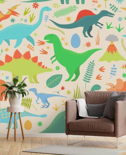 kleurrijk cartoon dinosaurussen behang kleurrijk cartoon dinosaurussen behang
