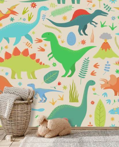 kleurrijk cartoon dinosaurussen behang