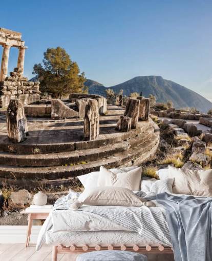 blaues und weißes maßgefertigtes griechisches Wandgemälde mit dem Titel Der Tempel der Athene, Delphi