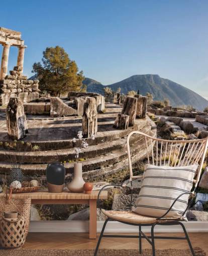 blaues und weißes maßgefertigtes griechisches Wandgemälde mit dem Titel Der Tempel der Athene, Delphi blaues und weißes maßgefertigtes griechisches Wandgemälde mit dem Titel Der Tempel der Athene, Delphi