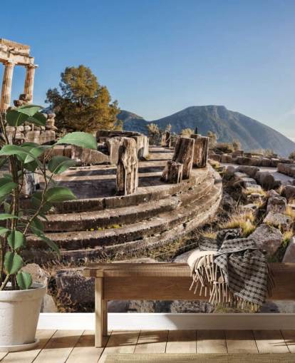 sinivalkoinen mukautettu kreikkalainen seinämaalaus nimeltä Athenen temppeli, Delphi sinivalkoinen mukautettu kreikkalainen seinämaalaus nimeltä Athenen temppeli, Delphi