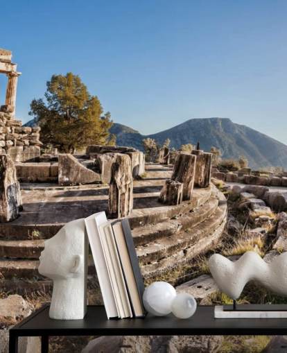 blaues und weißes maßgefertigtes griechisches Wandgemälde mit dem Titel Der Tempel der Athene, Delphi