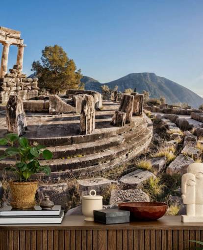 mural de pared personalizado azul y blanco de Grecia llamado El Templo de Atenea, Delfos mural de pared personalizado azul y blanco de Grecia llamado El Templo de Atenea, Delfos