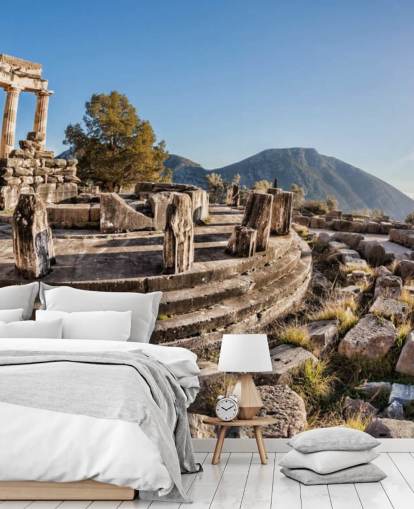 blaues und weißes maßgefertigtes griechisches Wandgemälde mit dem Titel Der Tempel der Athene, Delphi