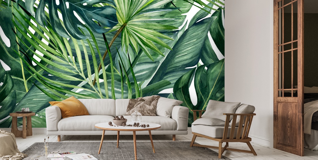 Watercolor hand painted seamless pattern with green tropical leaves of ...