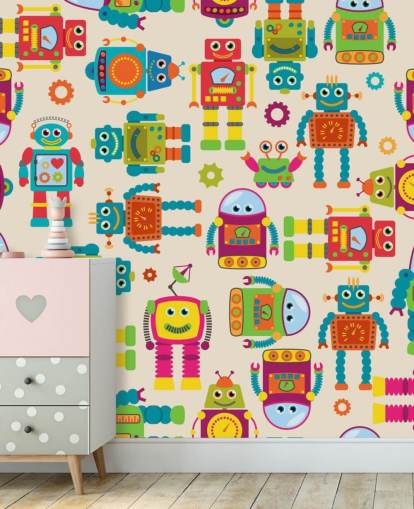 Papel de parede colorido de robôs de desenhos animados
