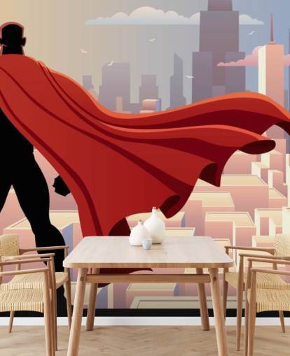 Superheld schaut sich die Stadttapete an