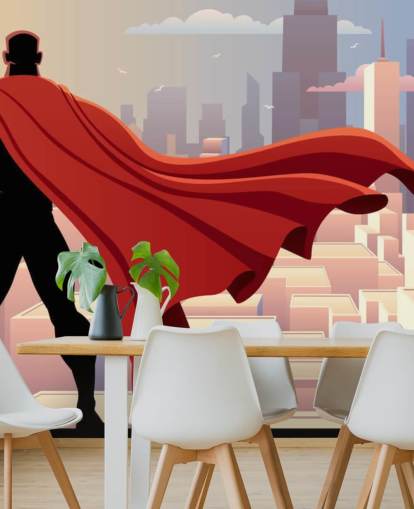 Superheld schaut sich die Stadttapete an
