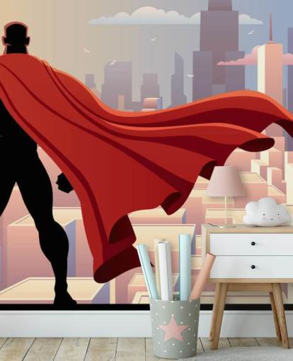 Superheld schaut sich die Stadttapete an