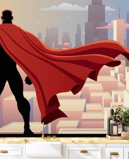 Superheld schaut sich die Stadttapete an Superheld schaut sich die Stadttapete an