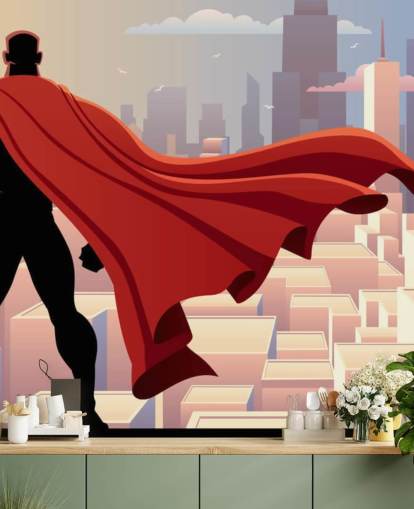 Superheld schaut sich die Stadttapete an Superheld schaut sich die Stadttapete an