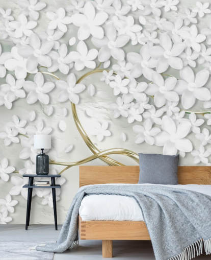 white flowers on gold tree trunk wallpaper