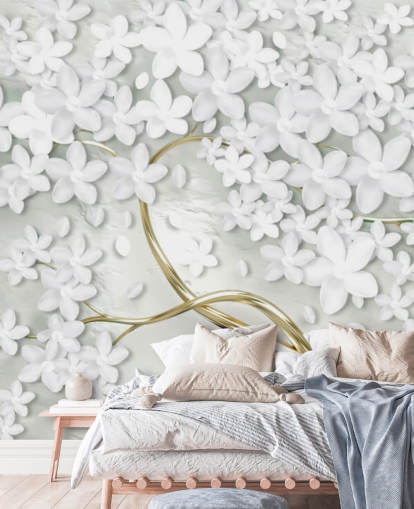 white flowers on gold tree trunk wallpaper