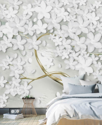 hvite blomster på gull trestamme tapet