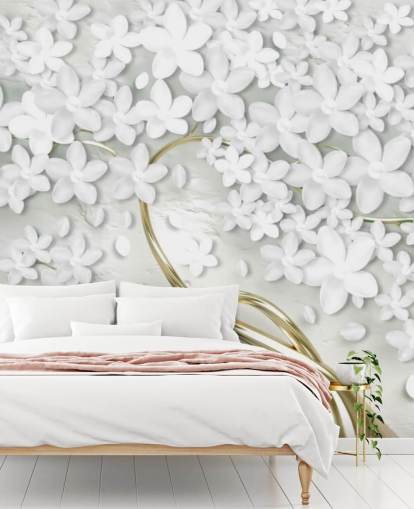 fondo de pantalla de flores blancas en tronco de árbol dorado