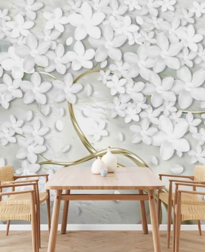 papier peint fleurs blanches sur le tronc d'arbre d'or