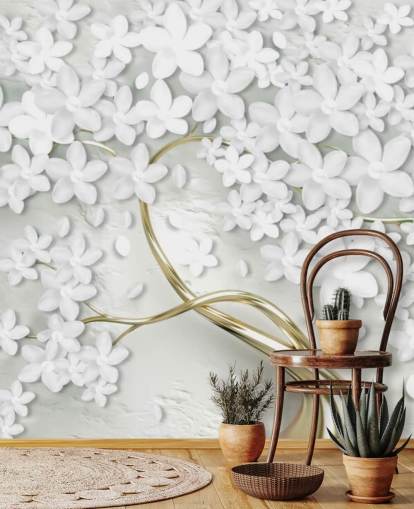 vita blommor på guld trädstam tapeter