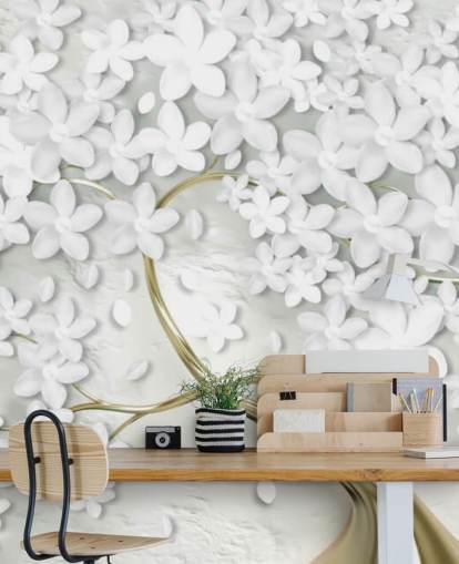 white flowers on gold tree trunk wallpaper